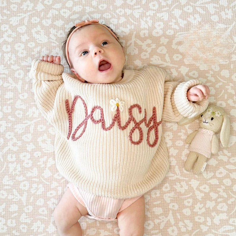 Personalized Baby Hand Embroidered Sweater Custom Newborn Birthday Sweater Gift