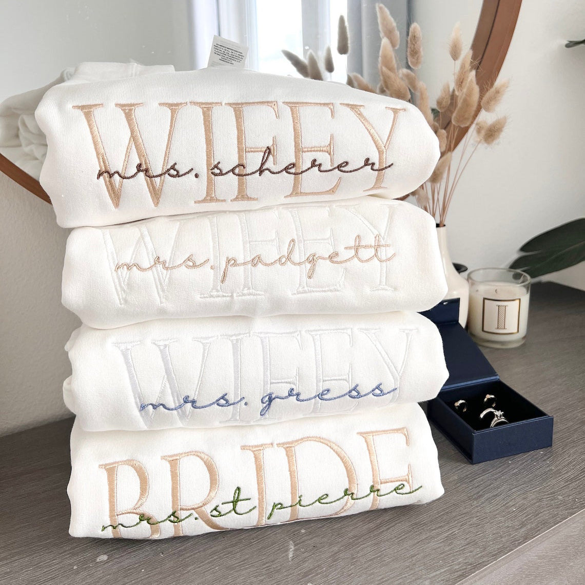 Custom Embroidered Sweatshirt Personalized Hubby Wifey Engagement & Bride To Be Sweatshirt Gift