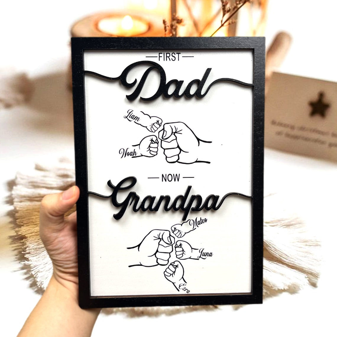 Custom First Dad Now Grandpa Wood Plaque Personalized Dad & Kids Fist Bump with Name Wood Sign