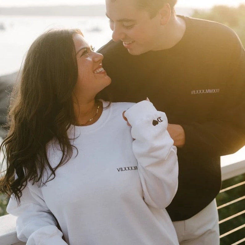 Custom Embroidered Roman Numeral Sweatshirt with Initial on Sleeve Gift for Couple & Anniversary