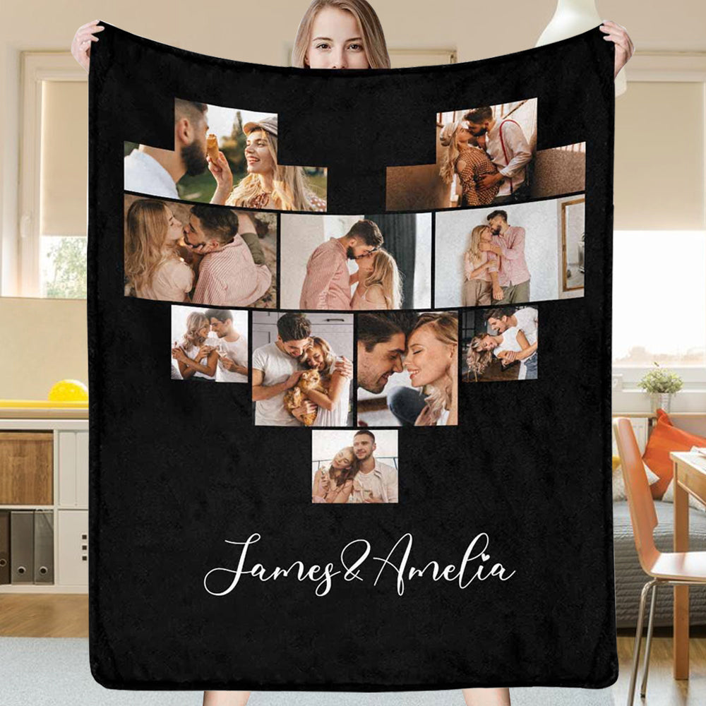 Custom Heart Collage Photo Blanket Personalized Pictures Blanket Gift for Couple & Family