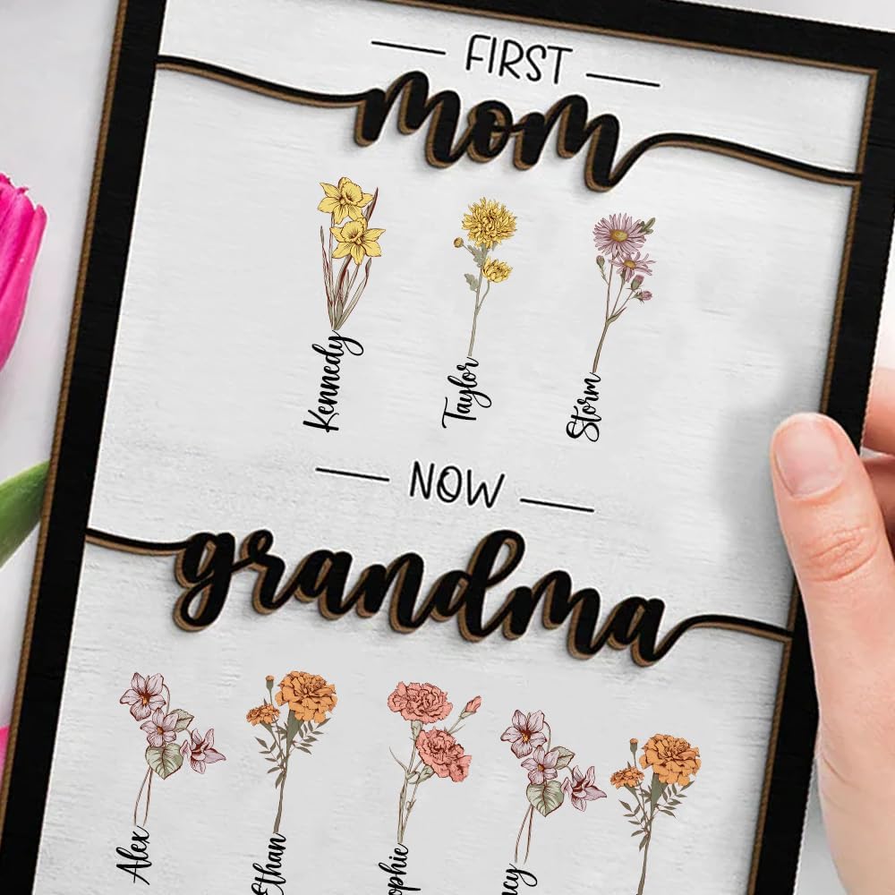 Custom First Mom Now Grandma Wood Plaque Personalized Mom & Kids Birth Flower with Name Wood Sign