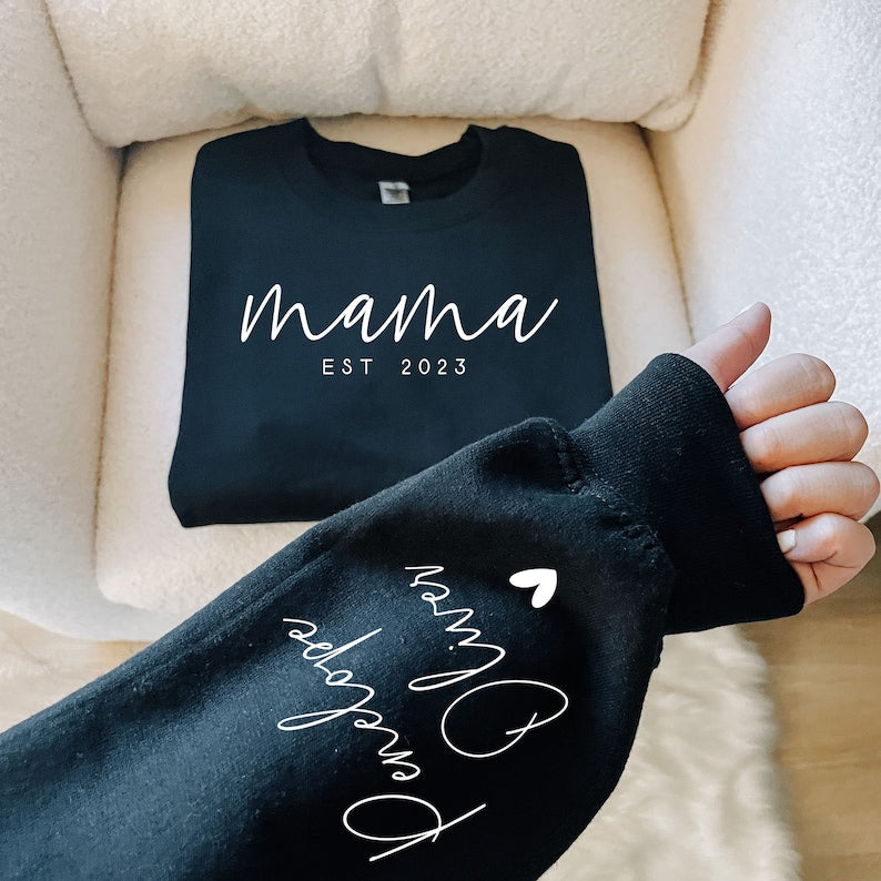 Custom Mama Sweatshirt with Kids Name on Sleeve Unique Minimalist Mom Sweatshirt Gift for Mother's Day