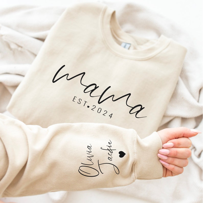 Custom Mama Sweatshirt with Kids Name on Sleeve Unique Minimalist Mom Sweatshirt Gift for Mother's Day