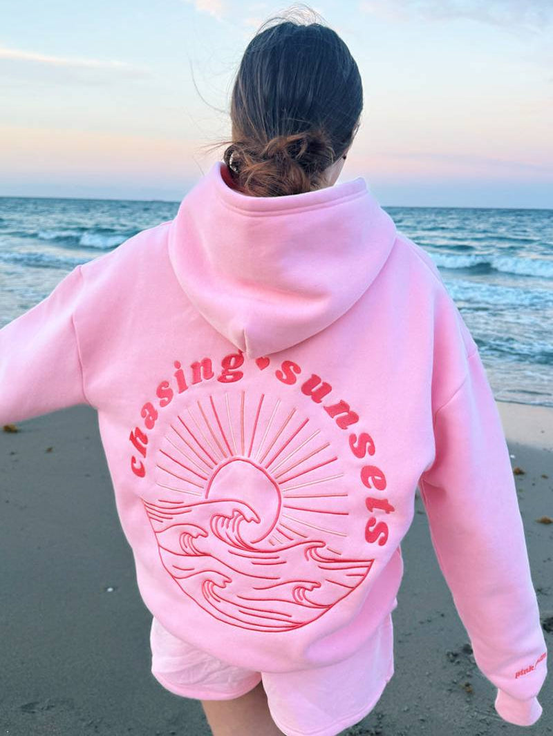 Women's Oversized Pink Chasing Sunsets Printed Hoodie