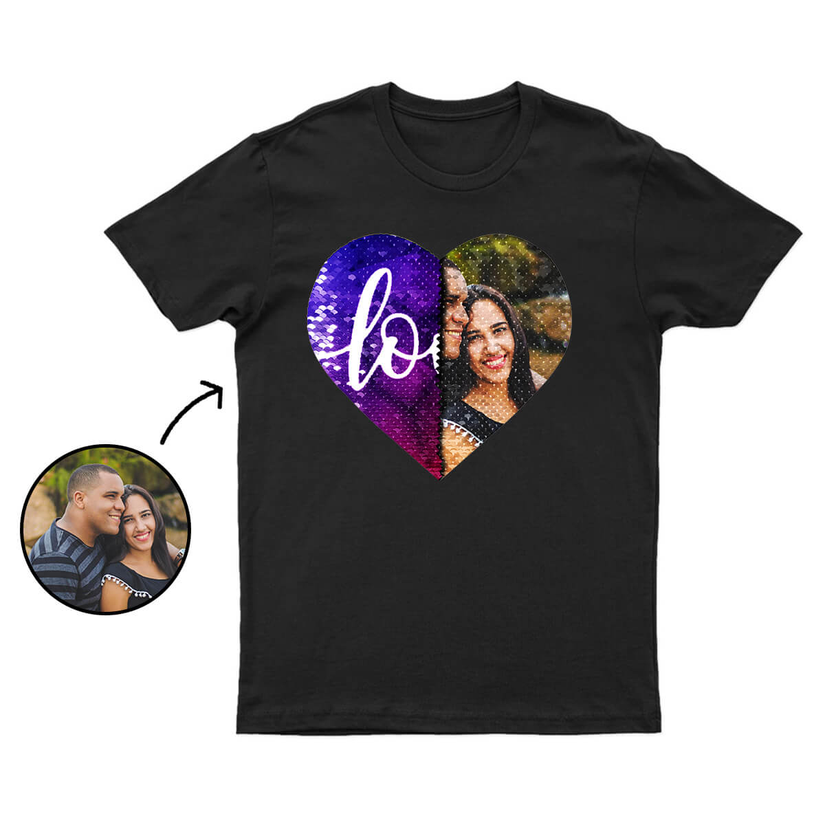 Flip Sequin Shirt Personalized Sequin Heart-Shaped Couple Photo T-Shirt Unique Love Theme Gift for Family