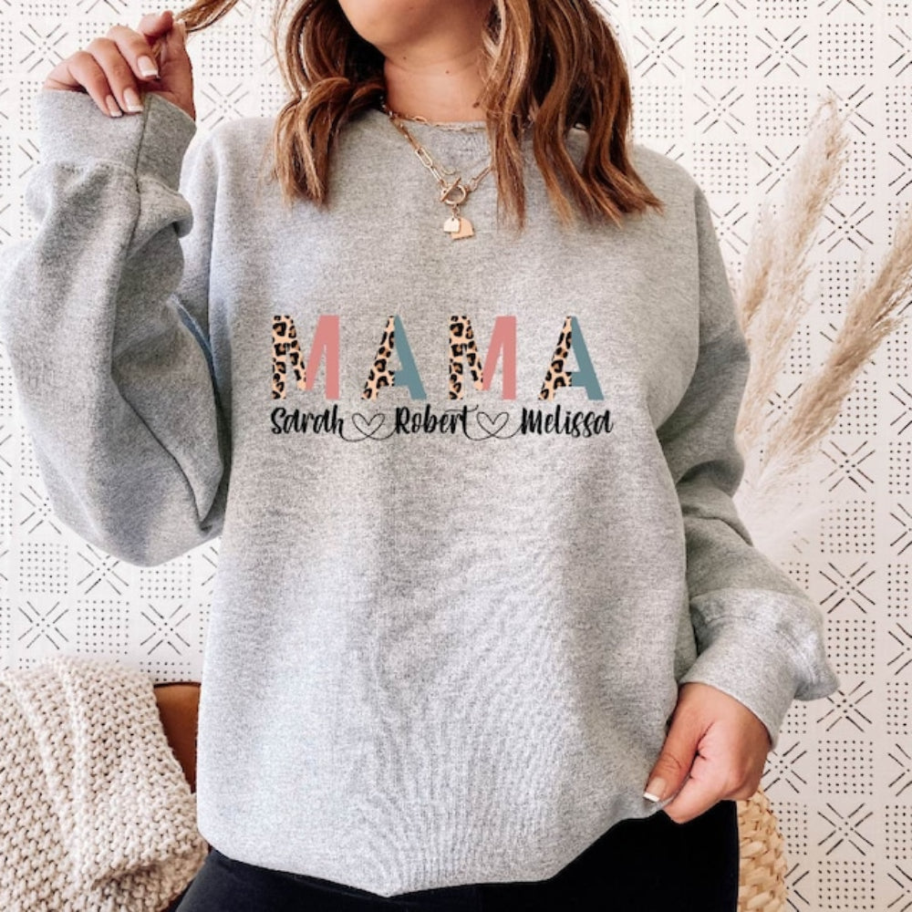 Personalized Mom Sweatshirt Custom Leopard Mama with Kid Names Sweatshirt Gift for Mother's Day