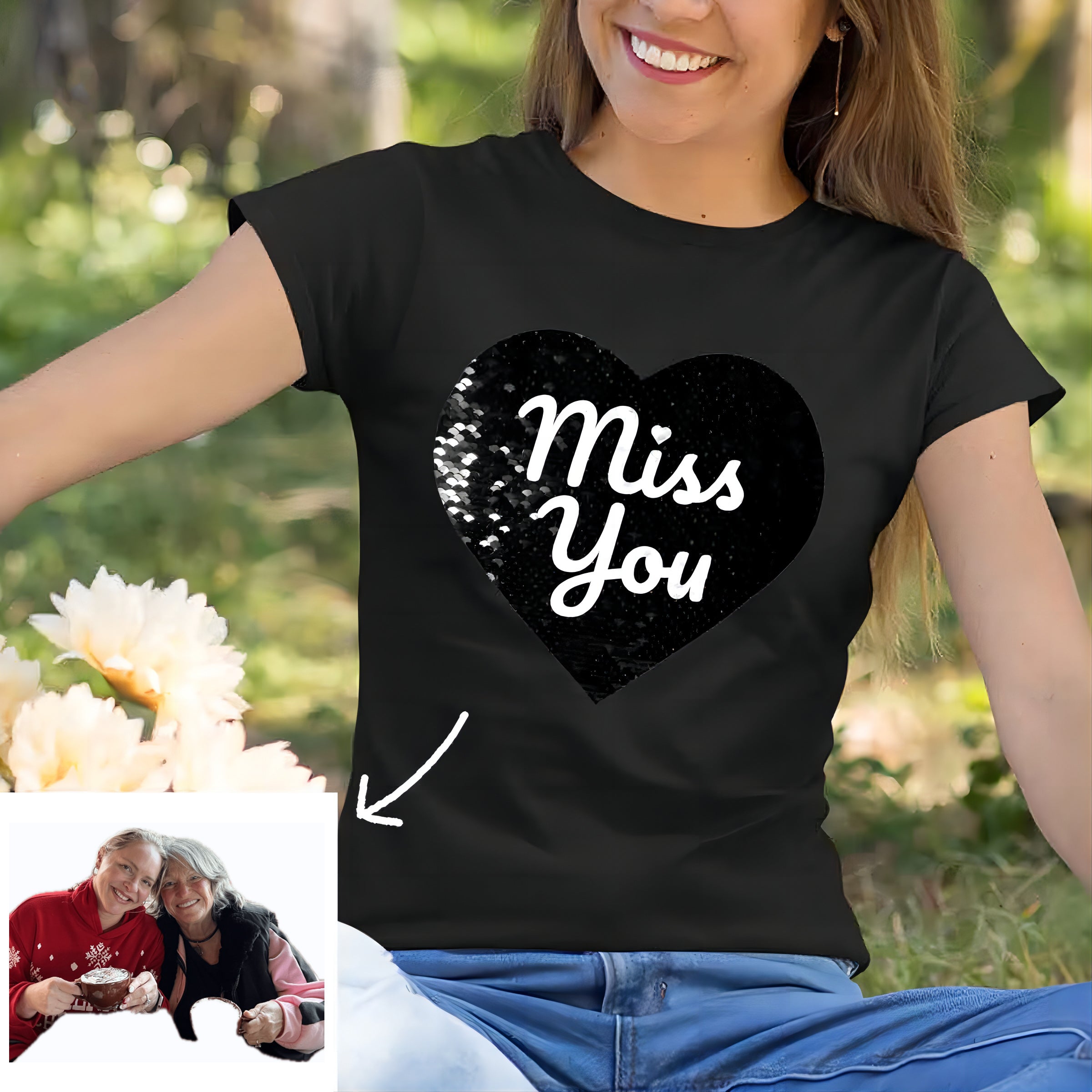 Personalized Flip Sequin Shirt Custom Heart-Shaped Couple Photo Miss You Theme T-Shirt