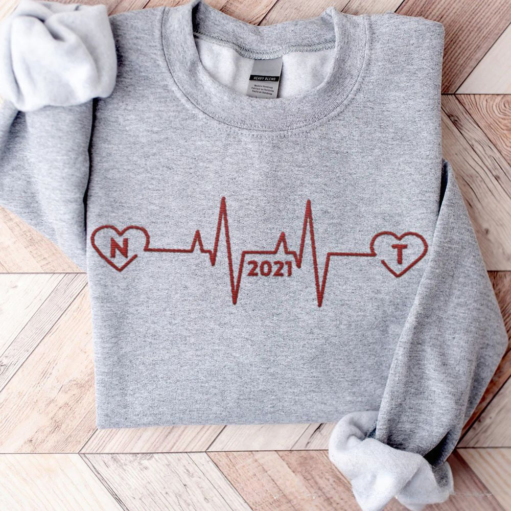 Personalized Couple Hoodie Embroidered Heartbeat Lines with Initials & Est Sweatshirt For Couple