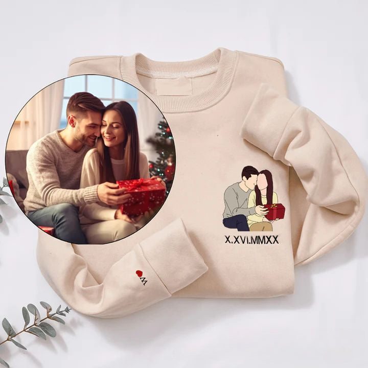 Custom Embroidered Sweatshirt Couple Portrait from Photo with Roman Numeral Sweatshirt