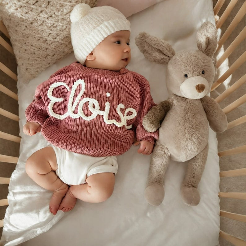 Baby Sweater Personalized Newborn Name Hand Embroidered Knit Sweater