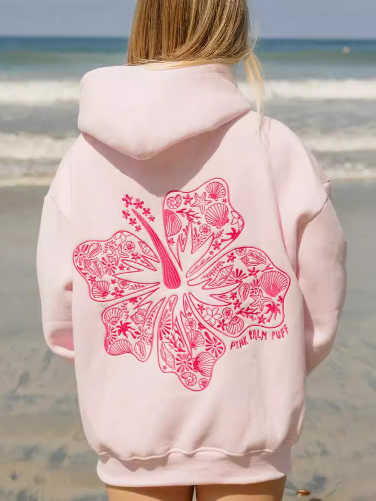 Embroidered Aesthetic Hawaii Hibiscus Graphic Hoodie