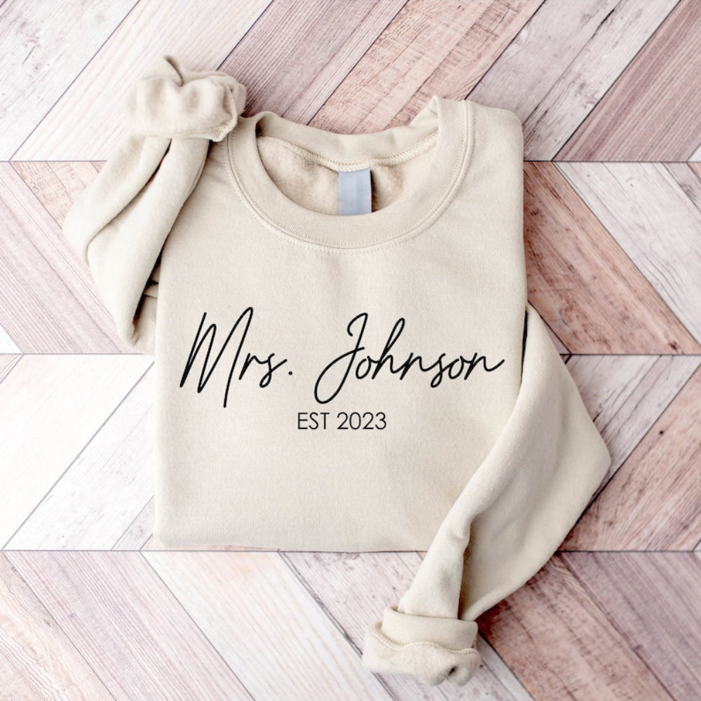 Custom Engagement Sweatshirt Future Mrs. Est Year Printed Sweatshirt Personalized Gift for Couple & Lover