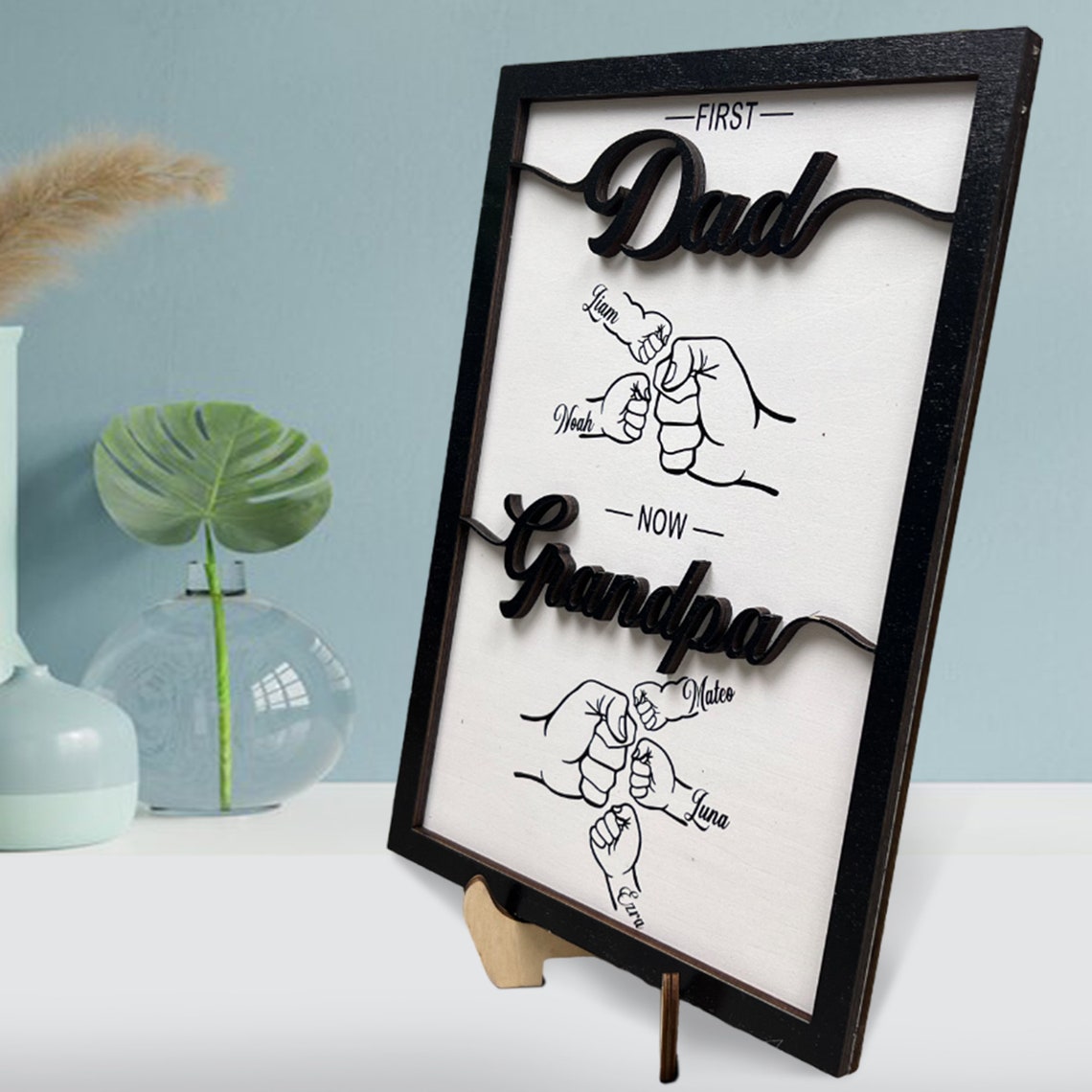 Custom First Dad Now Grandpa Wood Plaque Personalized Dad & Kids Fist Bump with Name Wood Sign