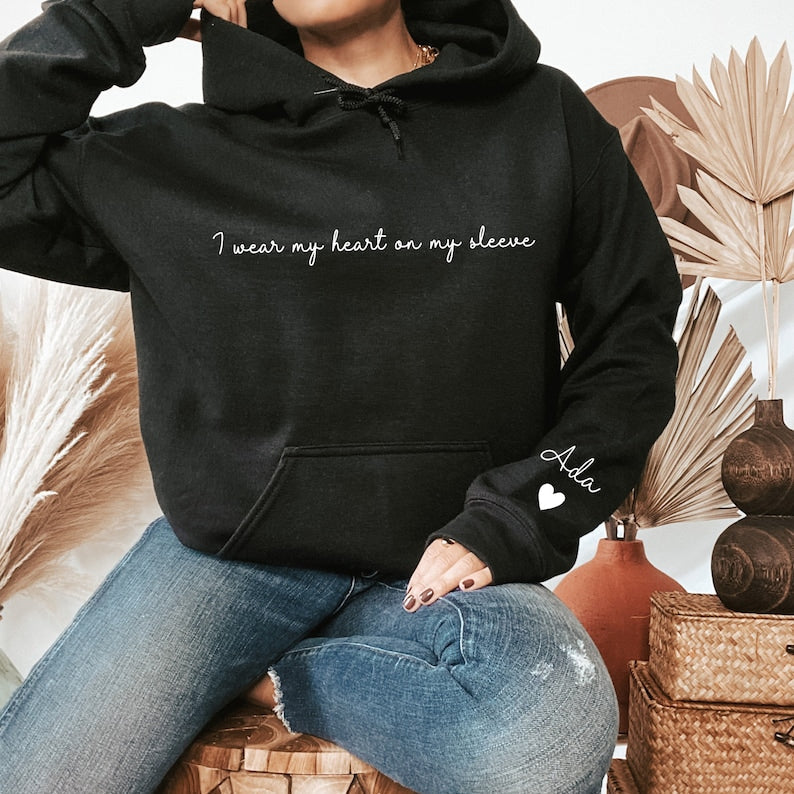 Custom Mama Hoodie I Wear My Heart On My Sleeve with Kids Name on Sleeve Mom Hoodie Gift for Mother