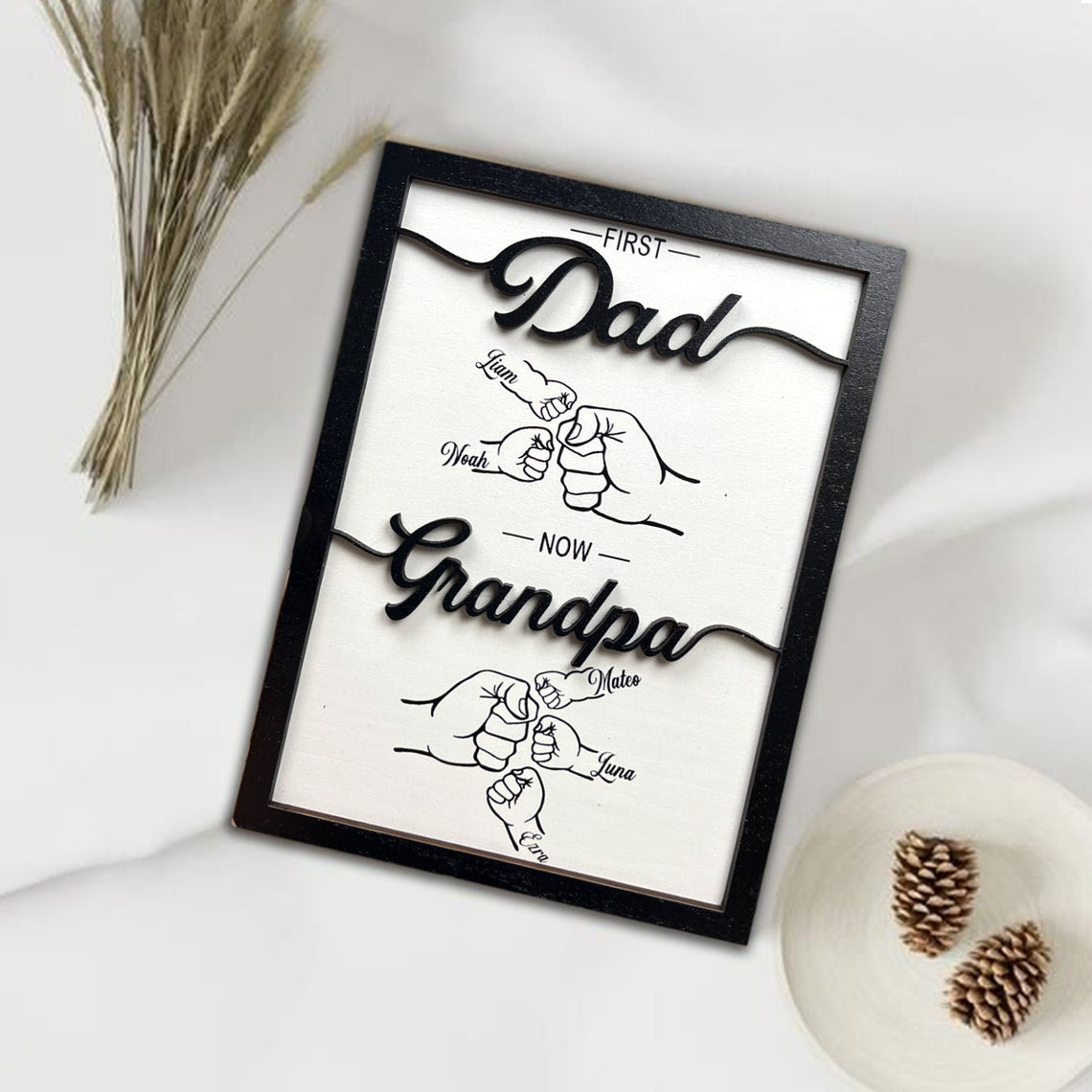 Custom First Dad Now Grandpa Wood Plaque Personalized Dad & Kids Fist Bump with Name Wood Sign