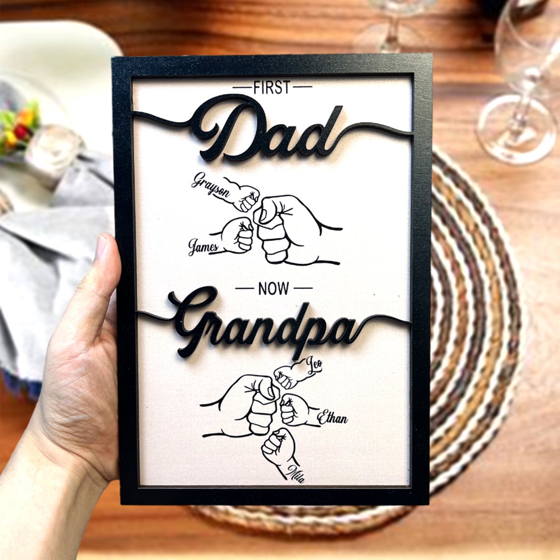 Custom First Dad Now Grandpa Wood Plaque Personalized Dad & Kids Fist Bump with Name Wood Sign