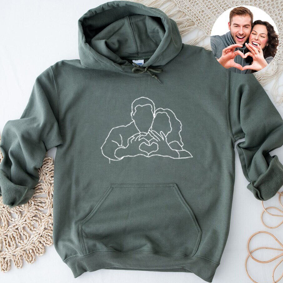 Personalized Couple Hoodie Customized Embroidered Photo Portrait Outline Hoodie Unique Gift for Family & Lovers