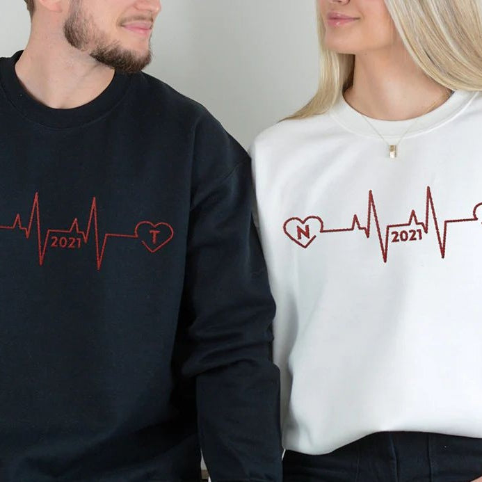 Personalized Couple Hoodie Embroidered Heartbeat Lines with Initials & Est Sweatshirt For Couple