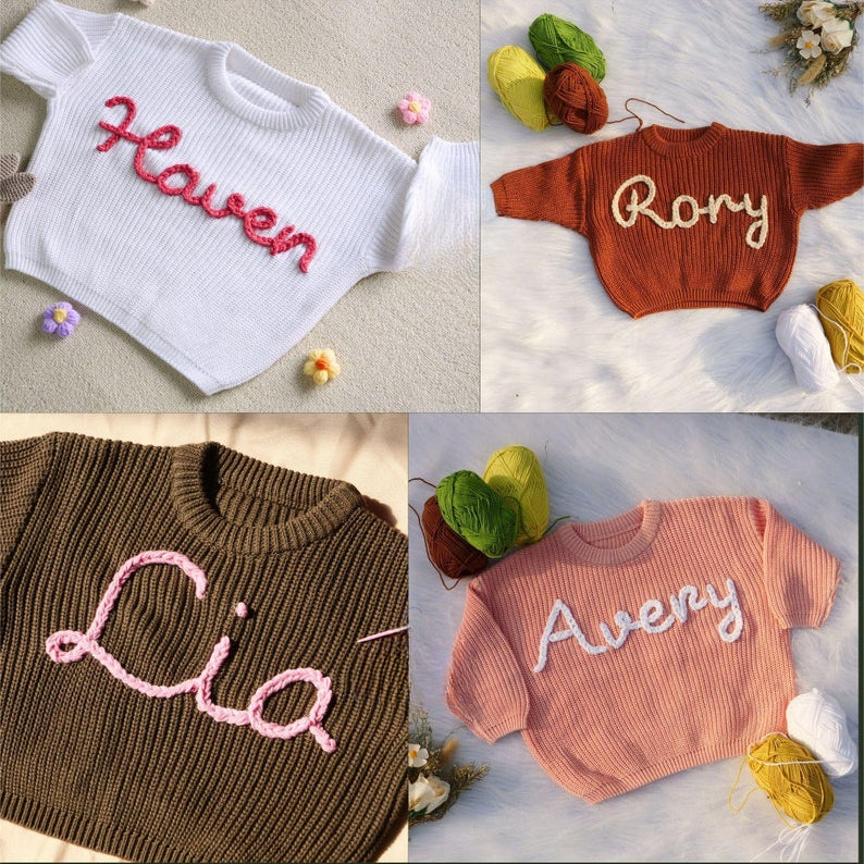 Hand Embroidered Baby Sweater Personalized Newborn Name Knit Sweater Gift