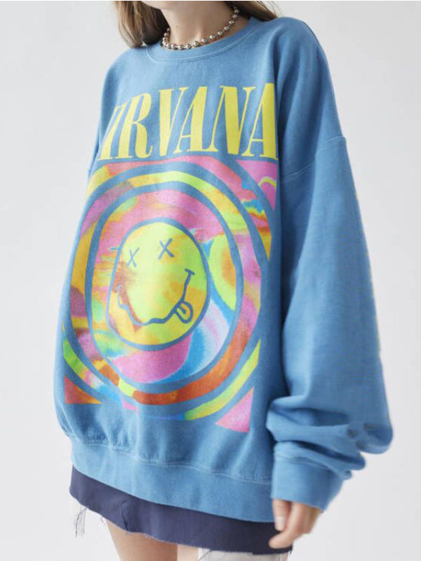 Distressed Light Blue Smiley Face Crewneck Sweatshirt