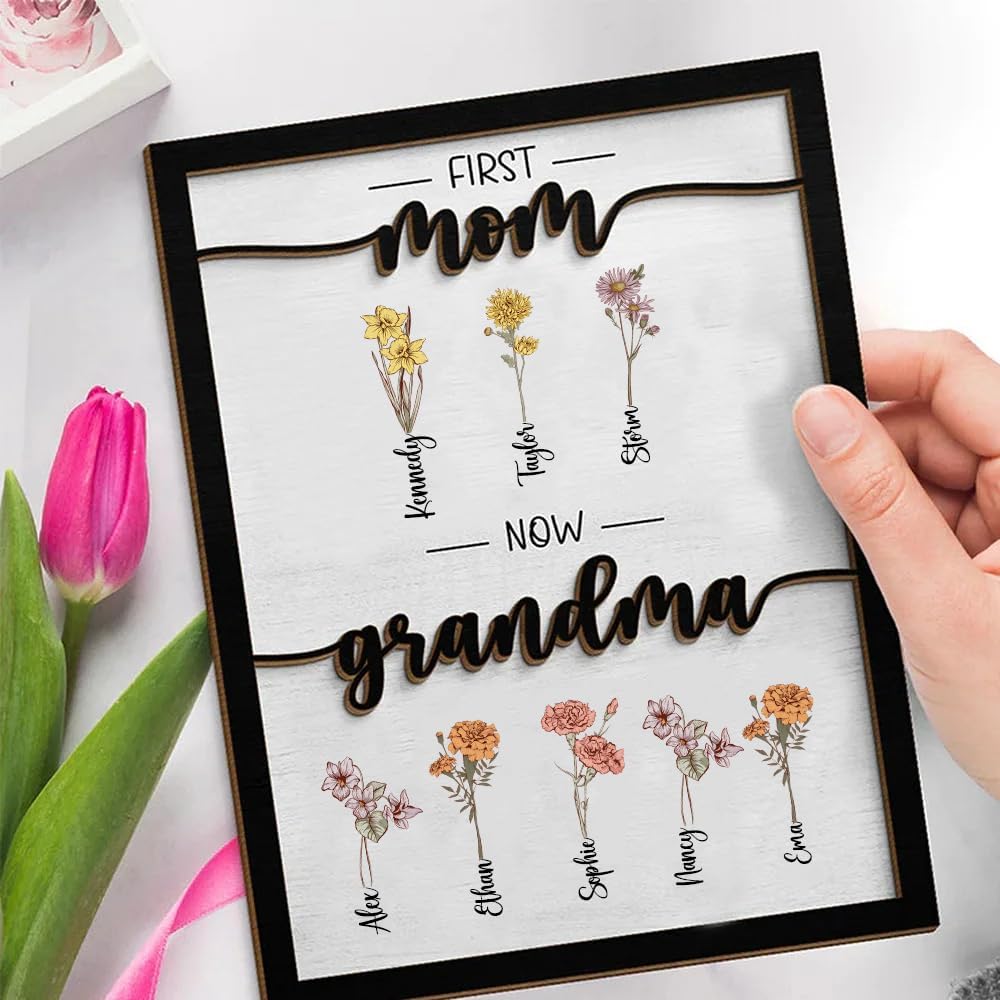 Custom First Mom Now Grandma Wood Plaque Personalized Mom & Kids Birth Flower with Name Wood Sign