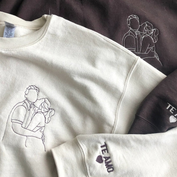 Custom Embroidered Couple Outline Portrait from Photo Sweatshirt with Letter On Sleeve Anniversary Gift for Friend & Family