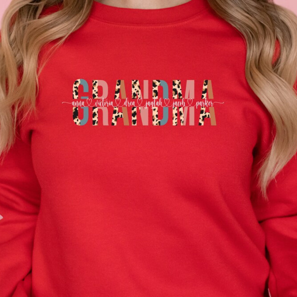 Custom Grandma Sweatshirt Personalized Leopard Nana with Kids Names Printed Sweatshirt