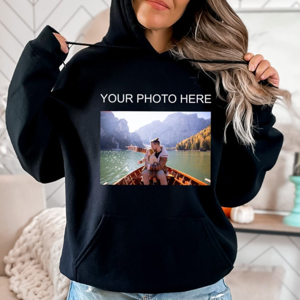 Personalized Add Your Own Photo & Text Hoodie Custom Photo Pullover Gift for Friend & Family