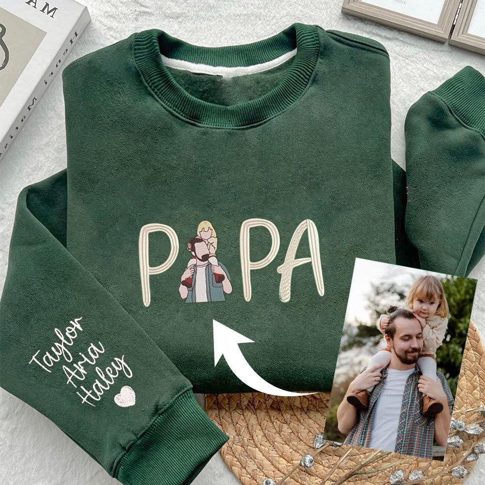 Custom Embroidered Papa Hoodie Personalized Dad Photo Portraits Hoodie with Kids Names on Sleeve