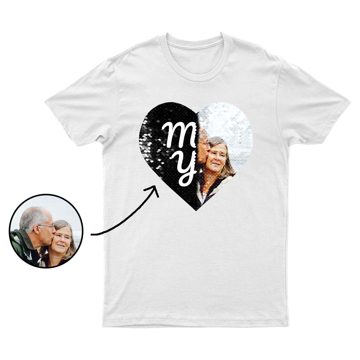 Personalized Flip Sequin Shirt Custom Heart-Shaped Couple Photo Miss You Theme T-Shirt