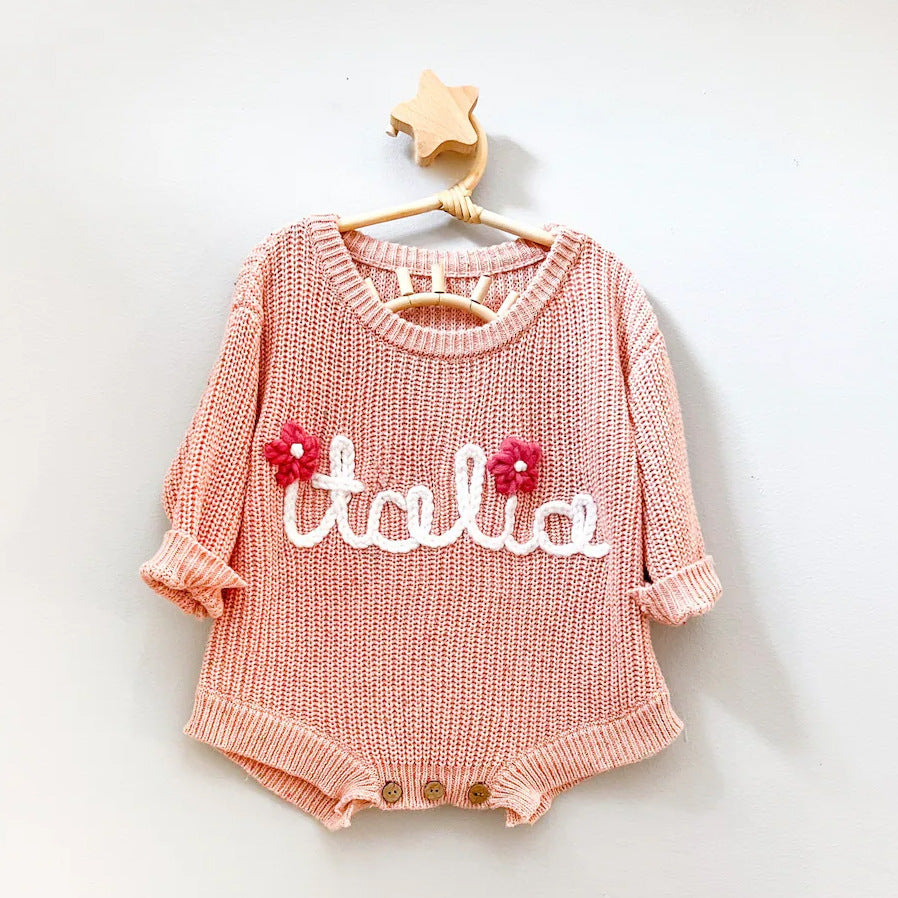 Custom Baby Knit Bodysuit Personalized Hand Embroidered Name Baby Romper