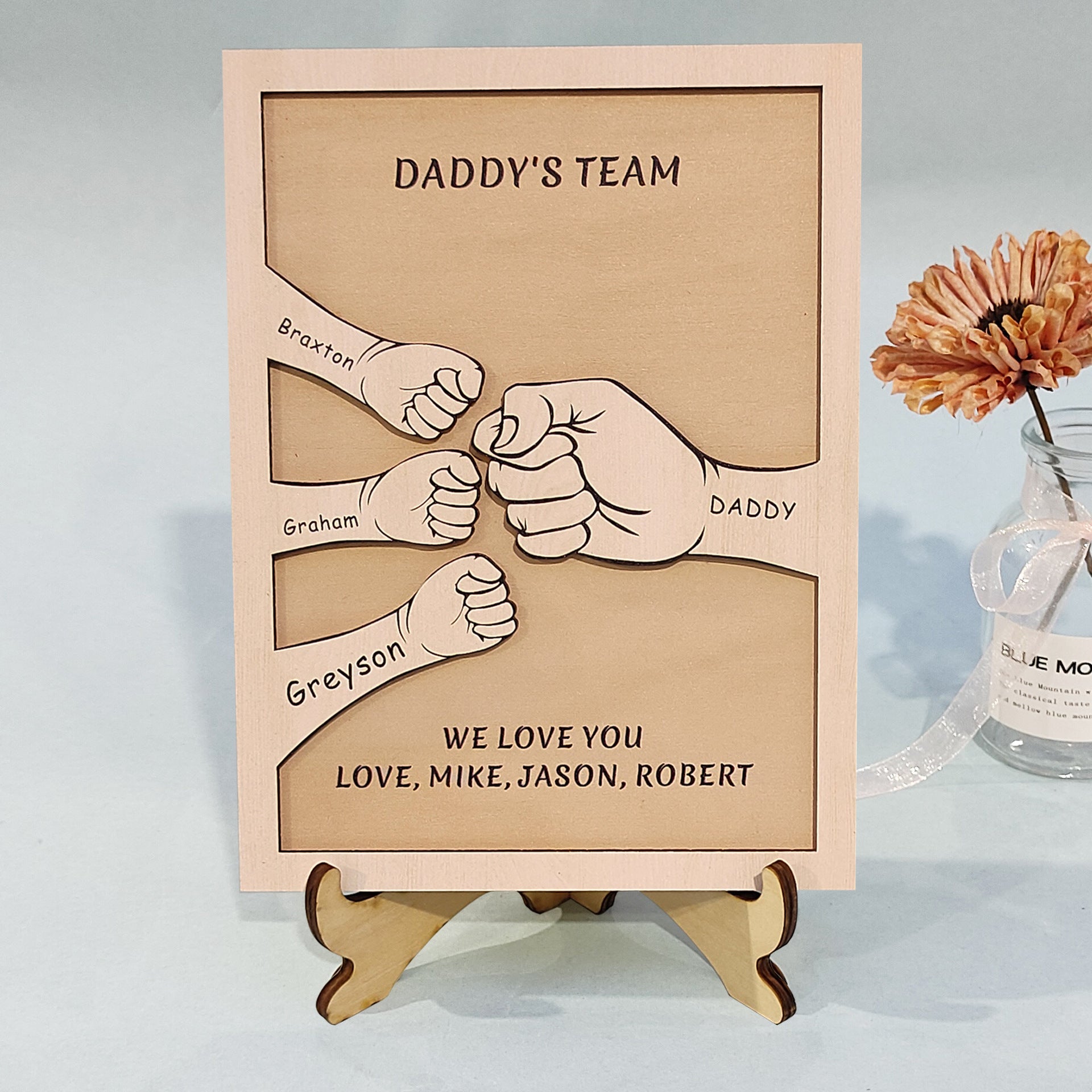 Personalized Dad We Love You Kids Names Hand Bumps Wooden Plaque Gift for Father