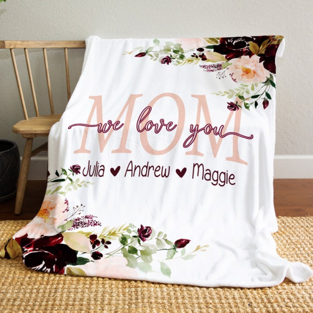 Personalized Blanket Mom We Love You with Kids Names Blanket Gift for Mom & Grandma