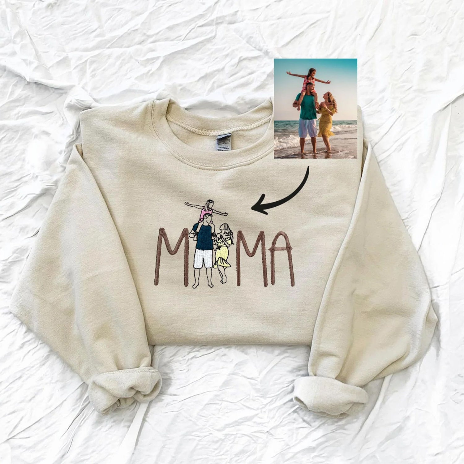 Embroidered Mama Sweatshirt Custom Family Photo Portrait Sweatshirt Gift for Mother's Day