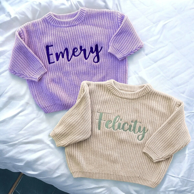 Personalized Baby Sweater Custom Embroidered Toddler Knit Chunky Sweater