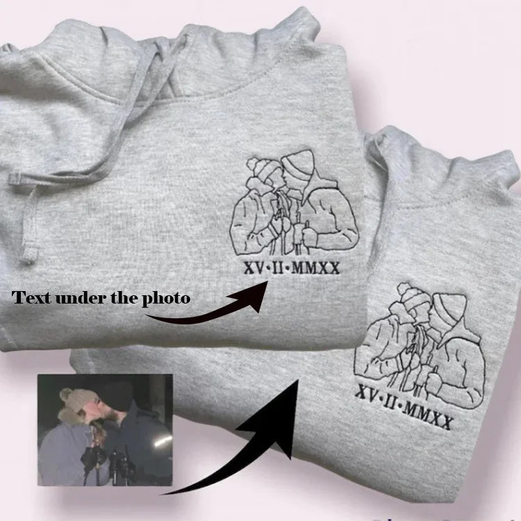 Personalized Embroidered Couple Photo Outline Hoodie with Roman Numerals/Text