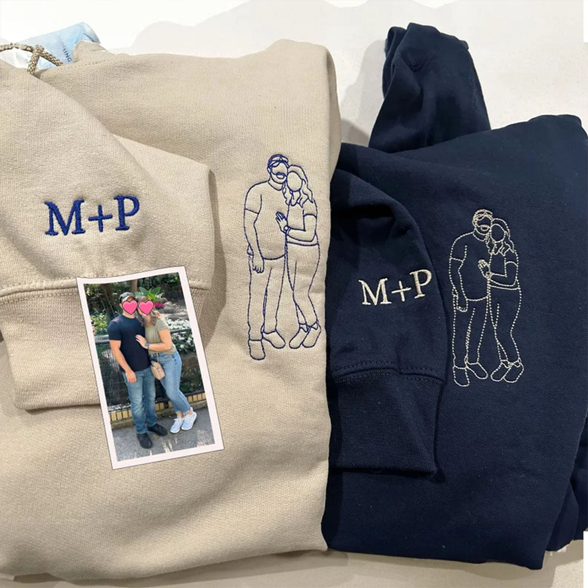 Custom Embroidered Hoodie Couple Portrait Outline from Photo Pullover Unique Gift For Couple & Family