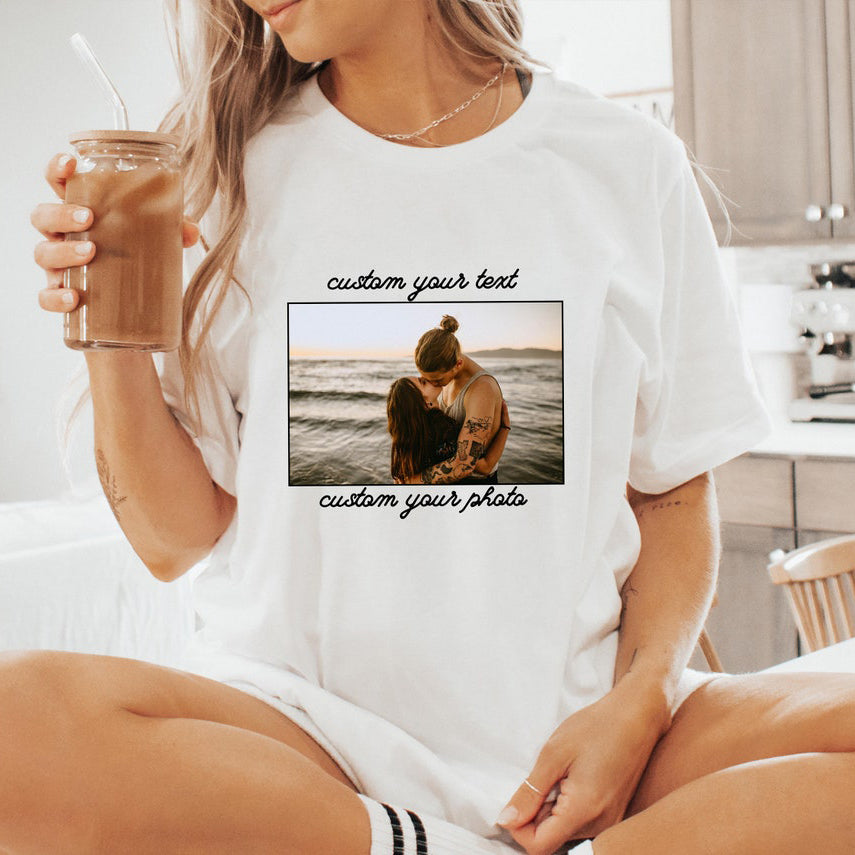 Custom Photo Text Shirt Personalized Family & Couple Photo Tee Gift for Birthday