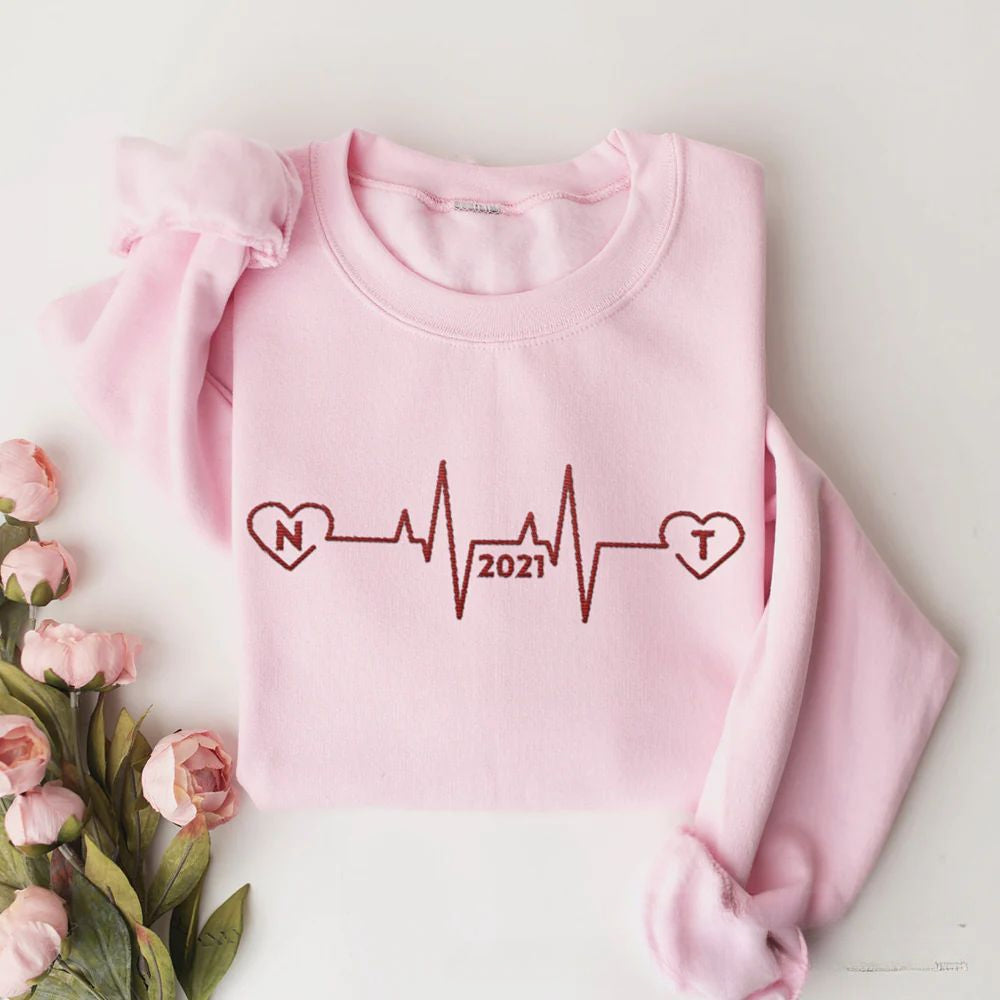 Personalized Couple Hoodie Embroidered Heartbeat Lines with Initials & Est Sweatshirt For Couple