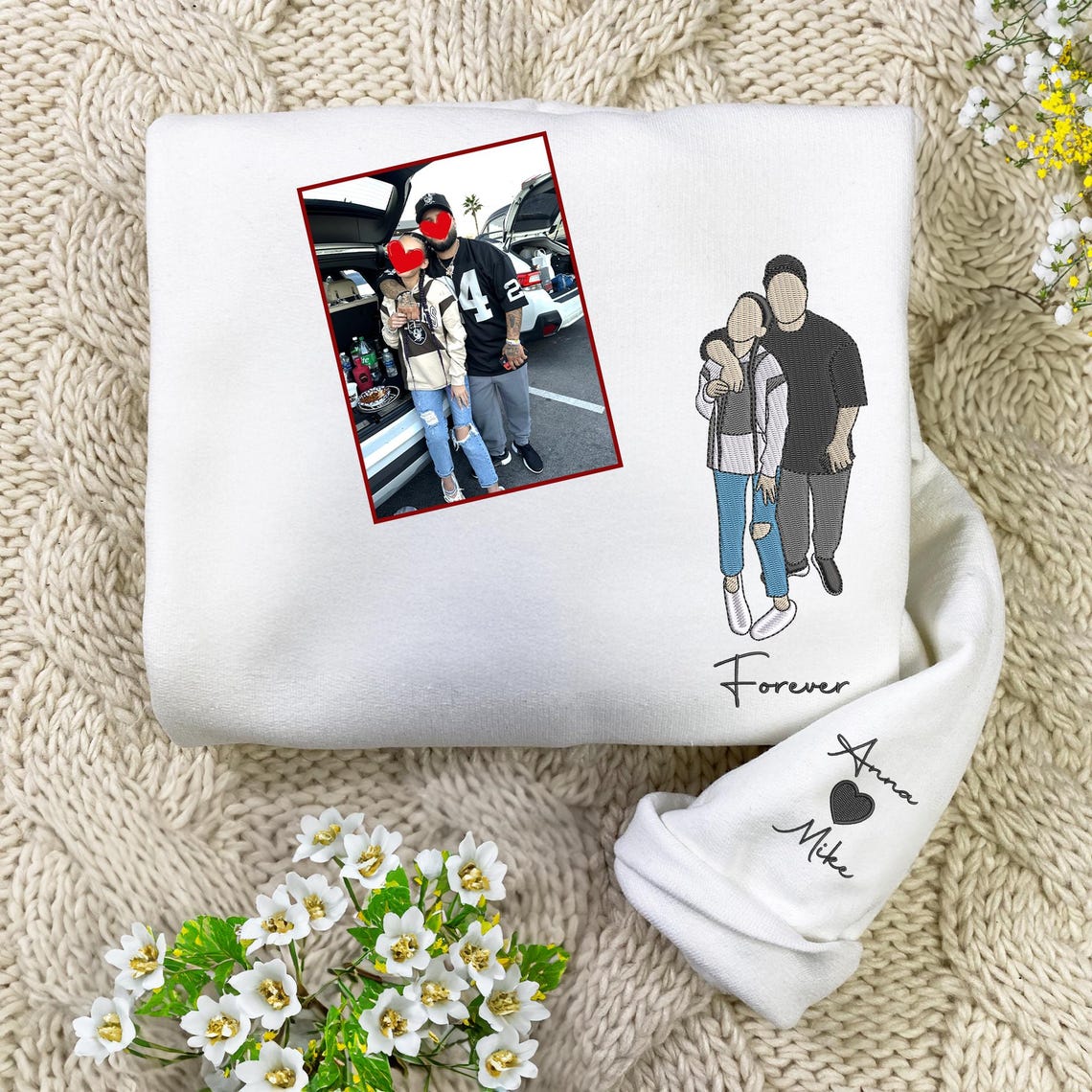 Custom Couple Portrait Sweatshirt Embroidered Couple Photo Sweatshirt Unique Gift for Anniversary