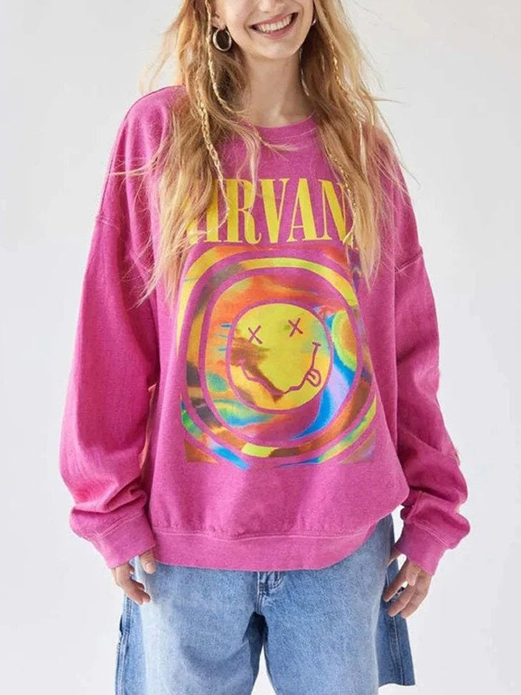 Retro Overdyed Hot Pink Smiley Face Crewneck Sweatshirts