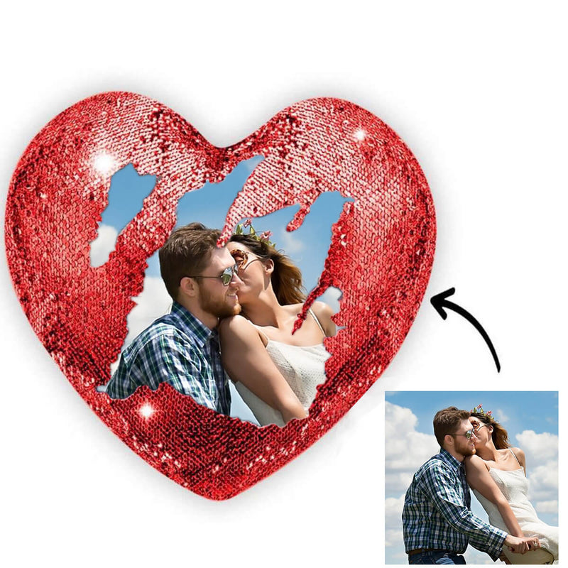 Custom Photo Pillow Reversible Flip Sequin Heart Shaped Photo Pillow