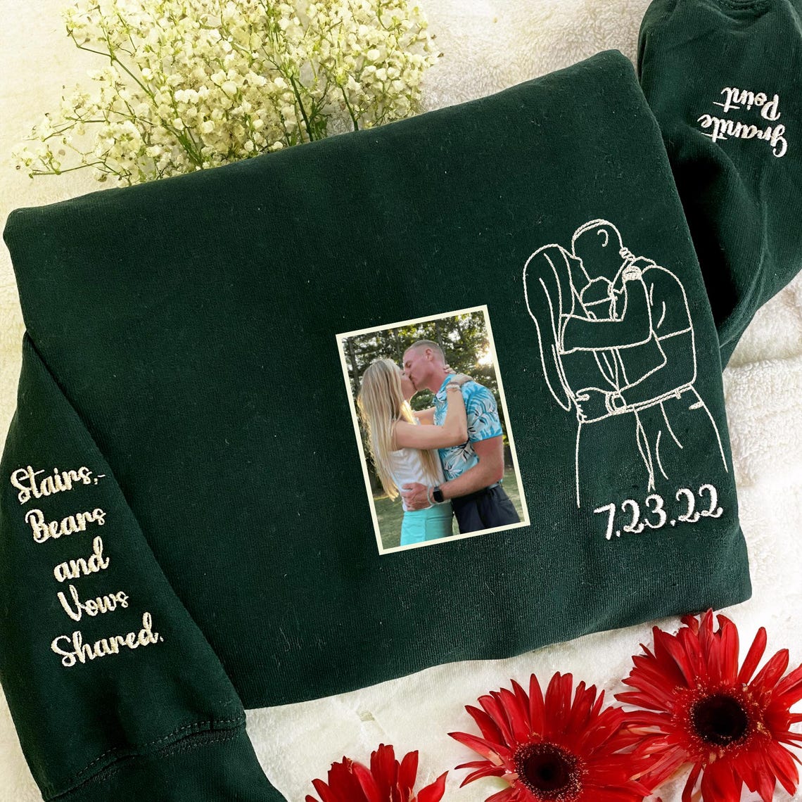 Custom Embroidered Hoodie Couple Portrait Outline from Photo Pullover Unique Gift For Couple & Family