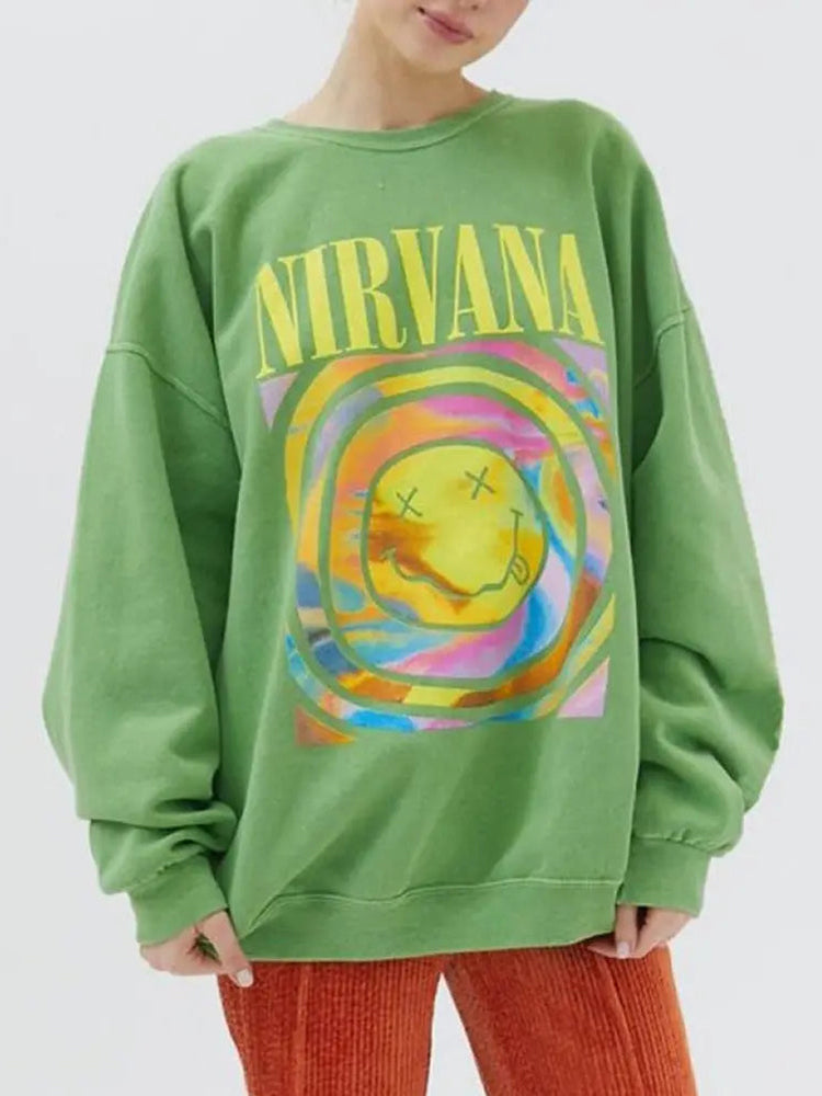 Retro Overdyed Lime Green Smile Face Crewneck Sweatshirt