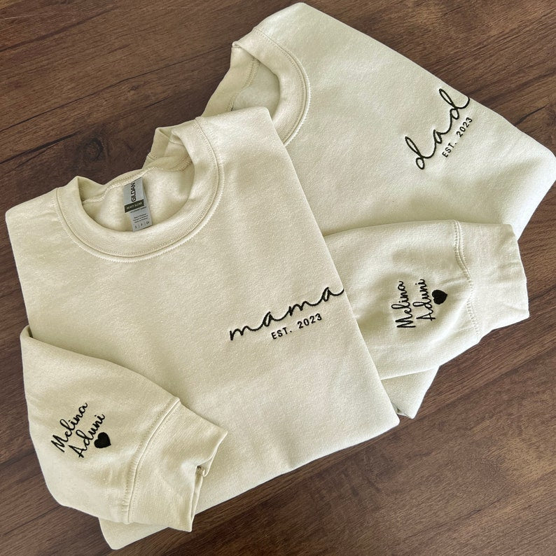 Custom Embroidered Mama Sweatshirt Personalized Dad Est Year Sweatshirt with Names on Sleeve