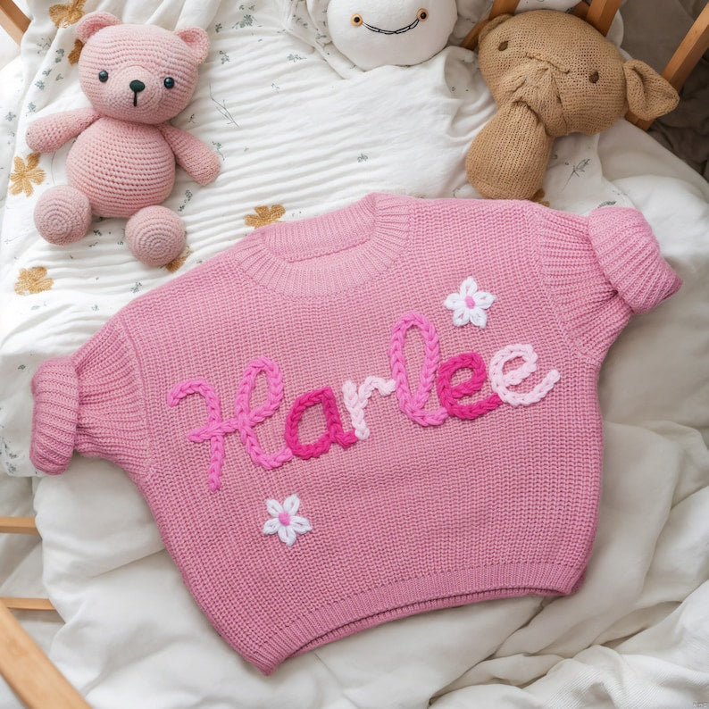 Baby Sweater Personalized Newborn Name Hand Embroidered Knit Sweater