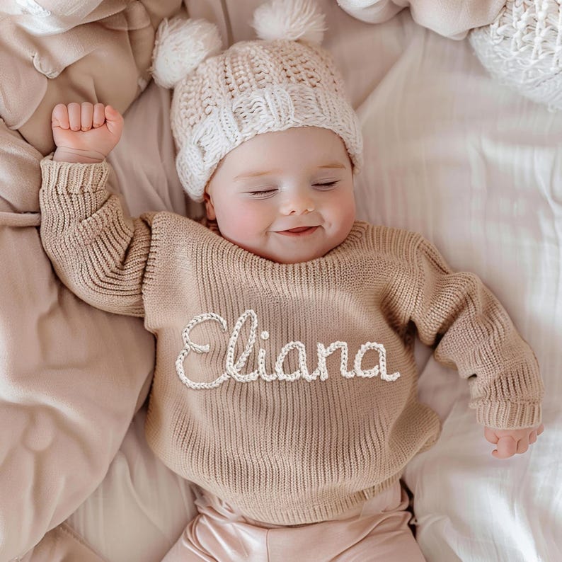 Personalized Baby Sweater Custom Hand Embroidered Knit Sweater with Name Gift for Newborn