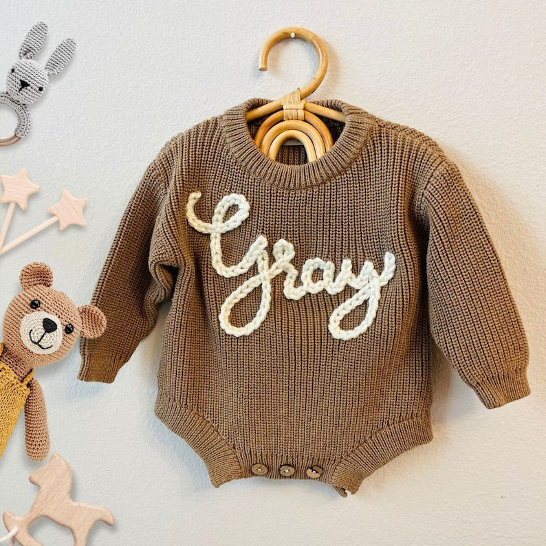 Custom Baby Bodysuit Sweater Hand Embroidered Name Baby Knitted Onesie