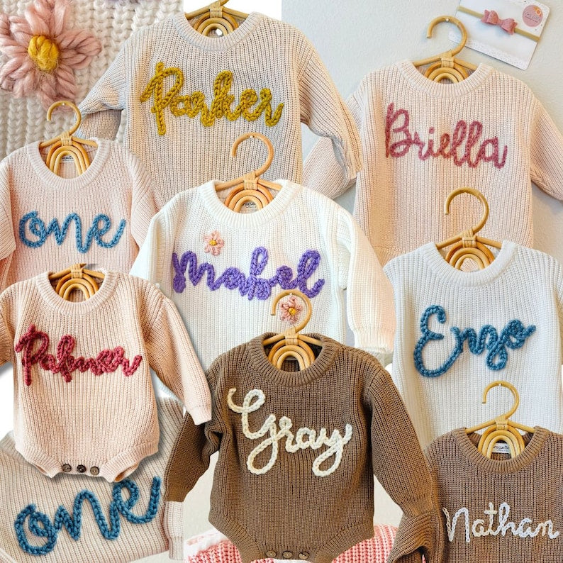 Custom Baby Bodysuit Sweater Hand Embroidered Name Baby Knitted Onesie